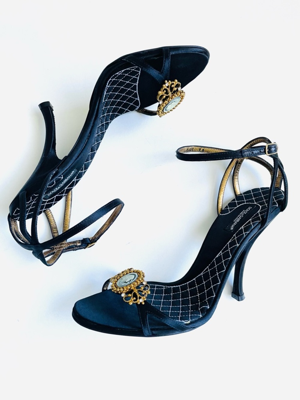 Dolce & Gabbana Black Satin Heels with Gold Cameo Jewel Embellishment Size 38